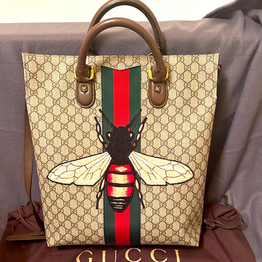 Gucci Beige and Brown Tote with Red and Green Stripe